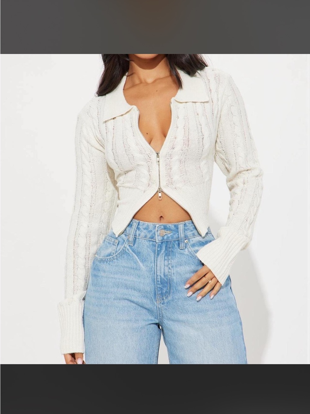 Cream Zip-Front Cable Knit Cropped Sweater